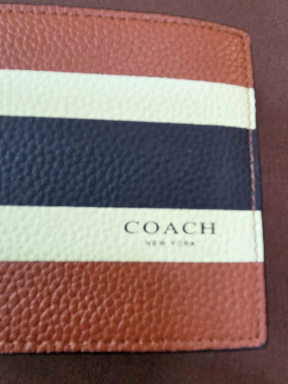 Coach Wallet Saddle Brown with Yellow and Blue Stripes New With Box